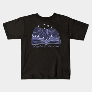 Reader and dreamer dark blue book design with mountains and night sky panorama Kids T-Shirt